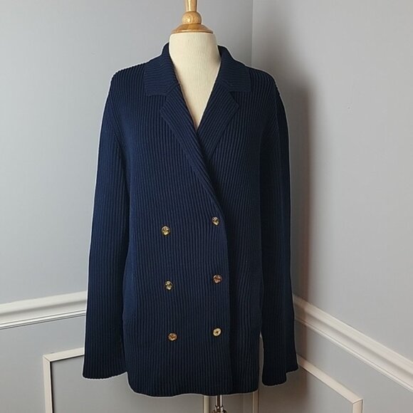 LAUREN RALPH LAUREN Navy Knit Double Breasted Nautical Cardigan Sweater Jacket - Picture 1 of 9